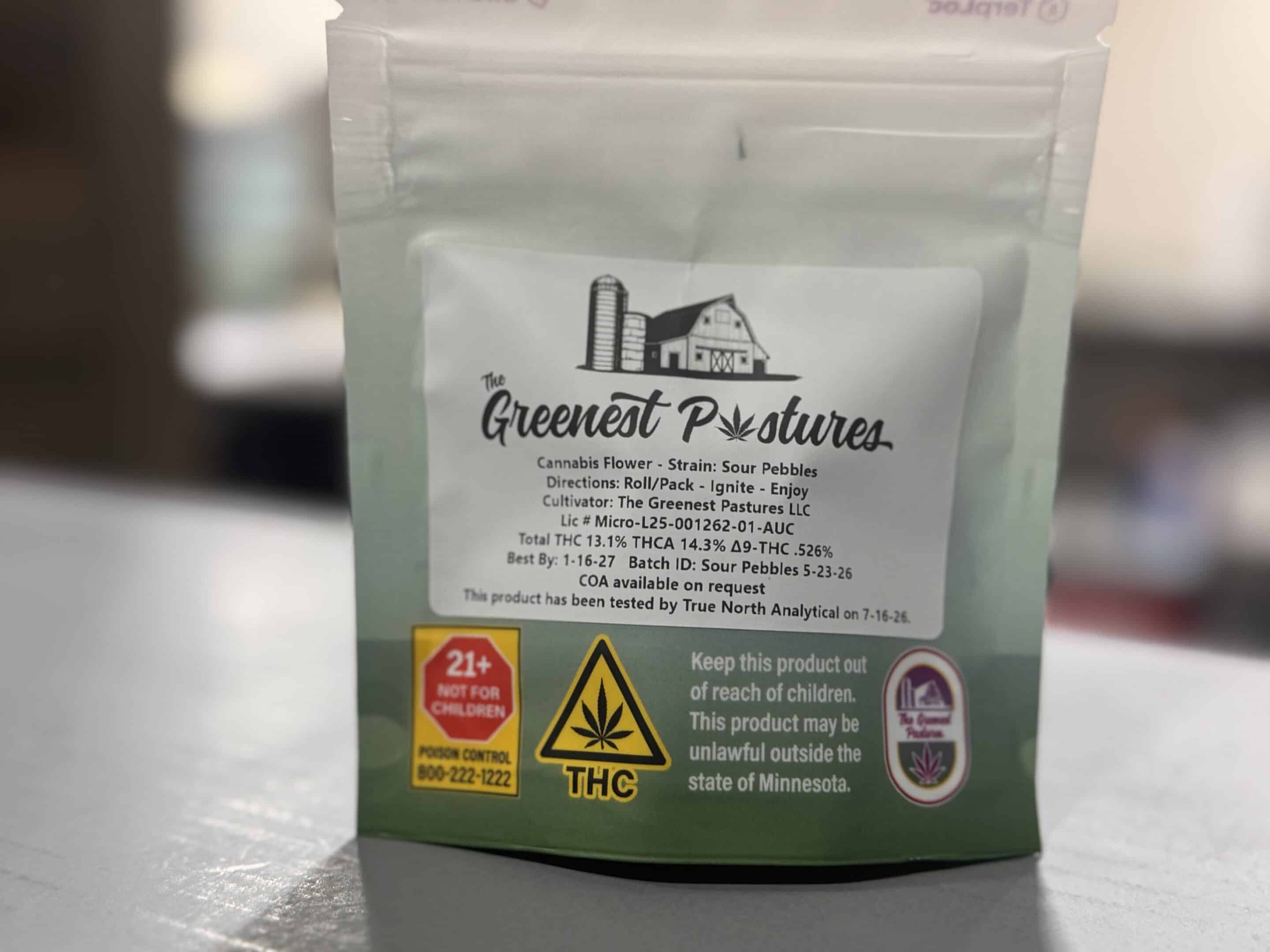 How to read a cannabis label in Minnesota on Sour Pebbles cannabis flower packaging