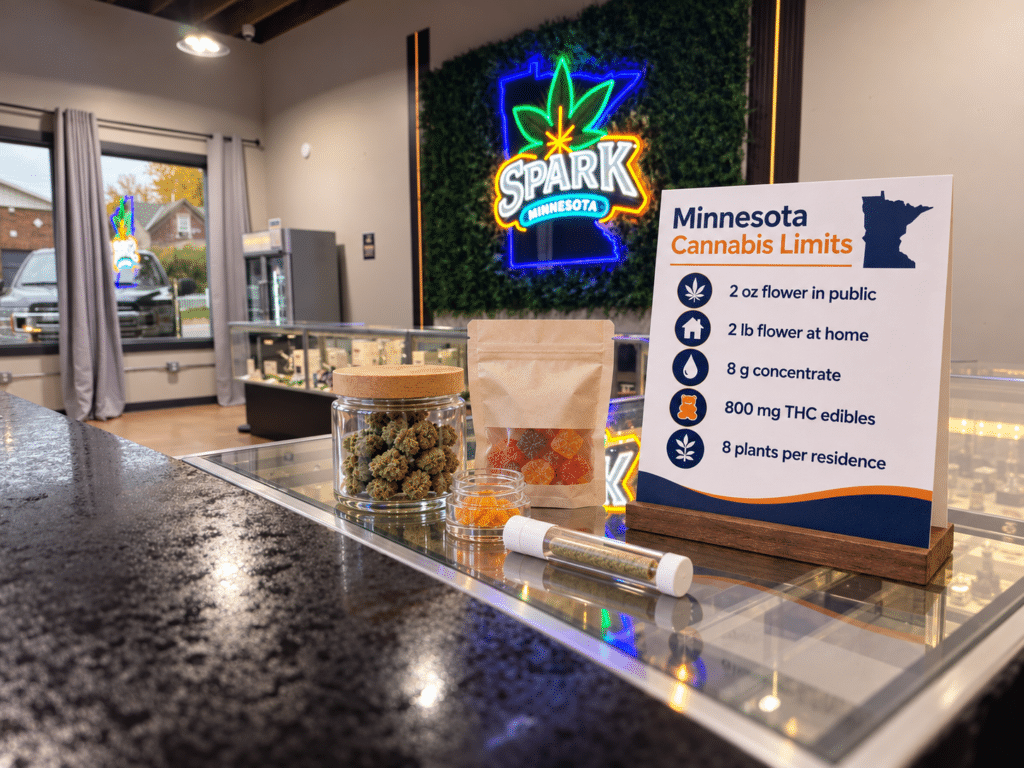 Minnesota cannabis possession limits displayed inside SPARK Minnesota in Milaca