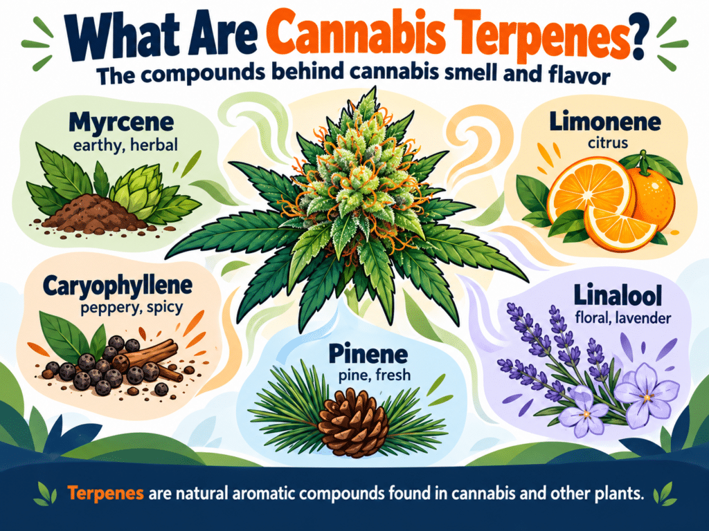Cannabis terpenes infographic showing myrcene, limonene, caryophyllene, pinene and linalool
