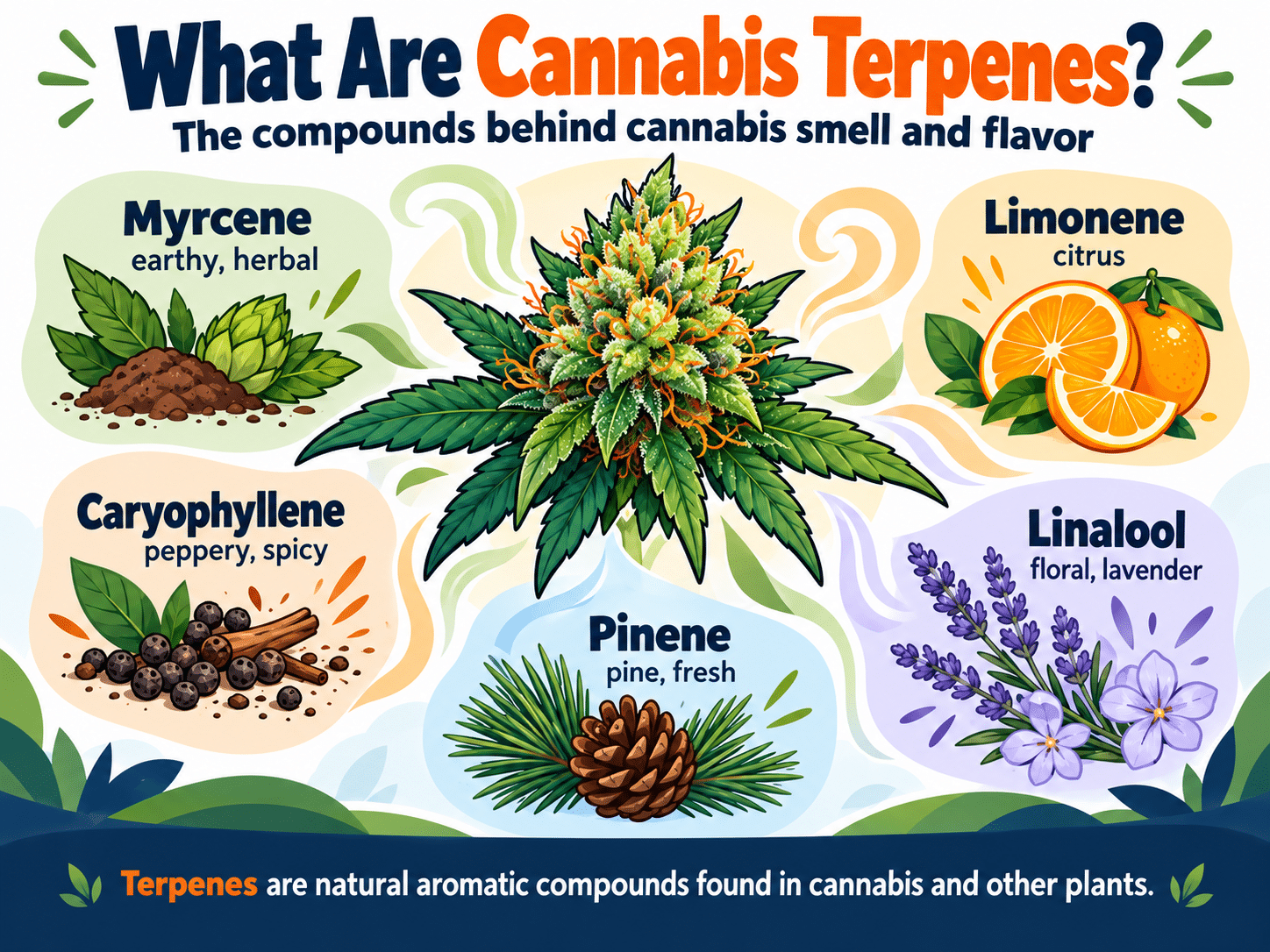 Cannabis terpenes infographic showing myrcene, limonene, caryophyllene, pinene and linalool